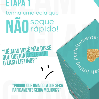Caixa azul-turquesa com texto sobre cola de lash lifting e citações em português.