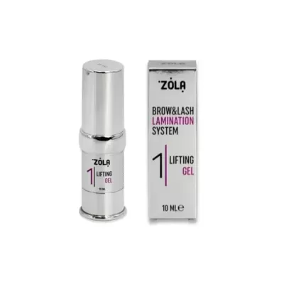 Gel lifting para sobrancelhas e pestanas ZOLA em frasco prateado e caixa prateada com texto preto e roxo