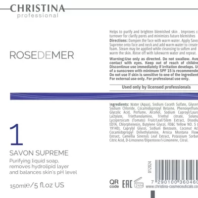 Etiqueta de produto ROSEDEMER sabonete líquido purificante com informações em inglês e código de barras