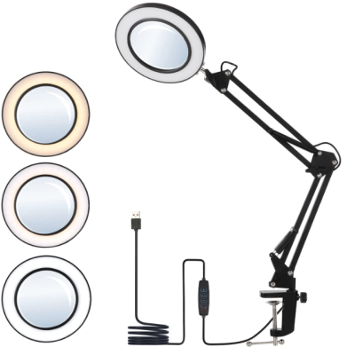 Lâmpada de mesa com espelho e luz LED ajustável em três cores com braço articulado preto.