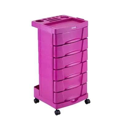 Carrinho de armazenamento cor rosa com seis gavetas e rodas