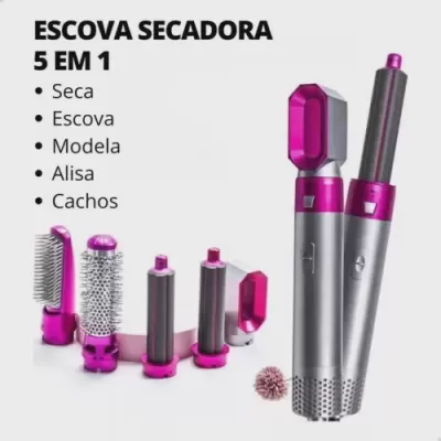 Conjunto de escova secadora 5 em 1 com acessórios rosa e cinza e texto em português