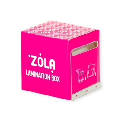 Caixa de laminação rosa ZOLA com texto branco e lâmina metálica na base