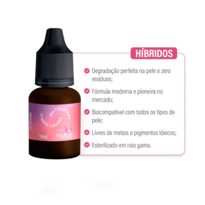 Frasco de vidro castanho com tampa preta e rótulo rosa com texto em português sobre produto híbrido