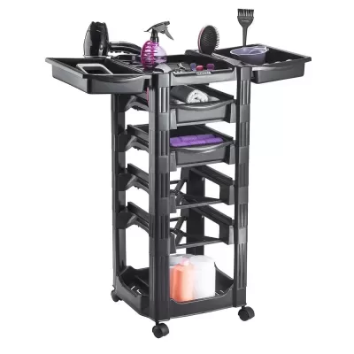 Carrinho organizador móvel preto com utensílios de cabeleireiro