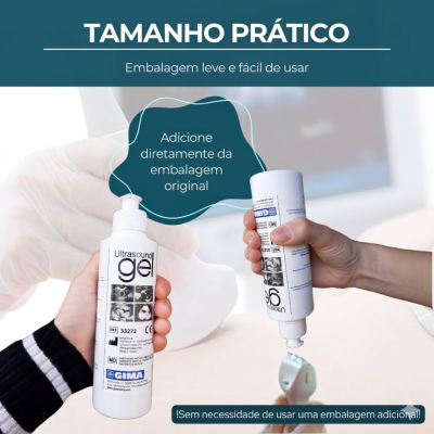 Duas mãos segurando frascos de Ultrasound gel branco, um a despejar gel.