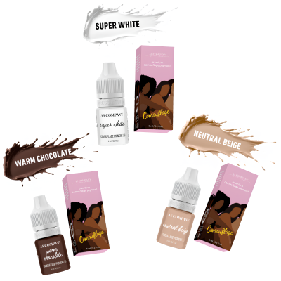 Frascos e caixas de pigmentos cosméticos nas cores Super White, Warm Chocolate e Neutral Beige