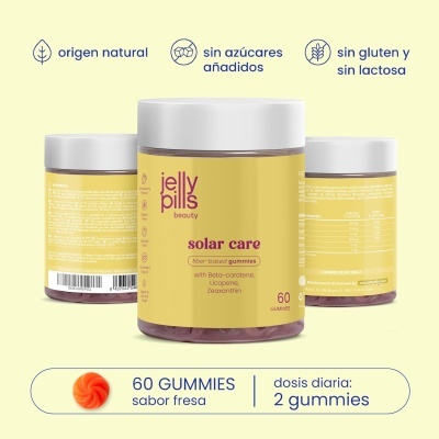 Frascos de gummies de cuidado solar com rótulo amarelo e tampa branca