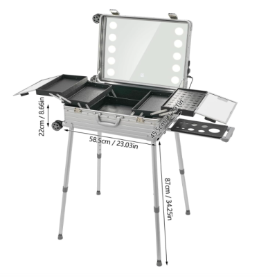 Mala de maquilhagem prateada com luzes LED e compartimentos abertos