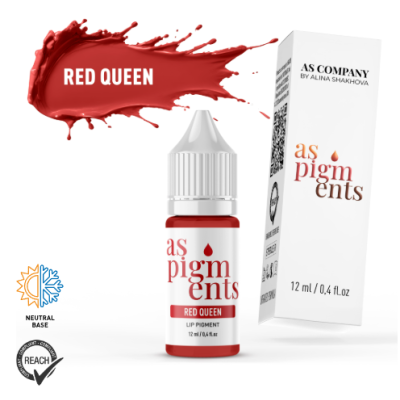 Pigmento labial Red Queen em embalagem com caixa branca e elementos vermelhos