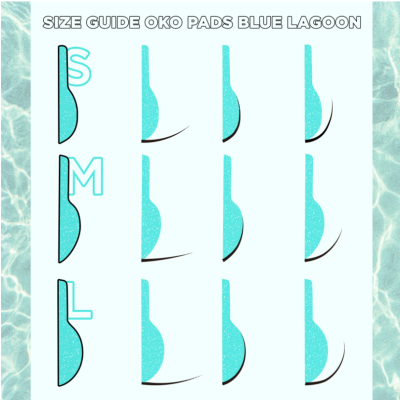 Guia de tamanhos para almofadas Oko Pads Blue Lagoon com três opções S, M, L em azul claro com textura aquosa.