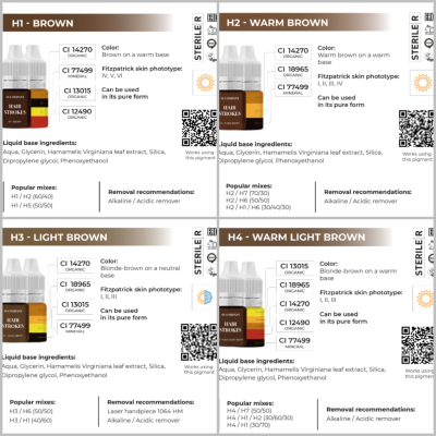Produtos pigmentos líquidos para cabelo tons castanho H1 a H4 com detalhes ingredientes e usos
