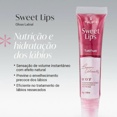 Gloss labial Sweet Lips Tutti Frutti em tubo rosa brilhante com texto em português ao lado