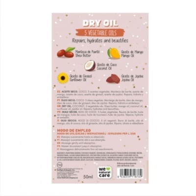 Rótulo de óleo seco com 5 óleos vegetais e informações em vários idiomas