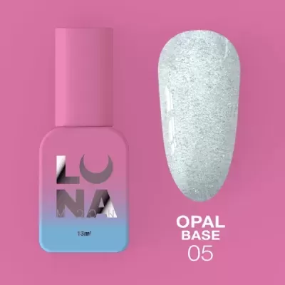 Frasco de verniz rosa e azul com amostra de verniz prateado OPAL BASE 05