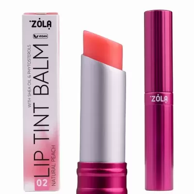 Lip tint balm natural peach Zola em embalagem branca com detalhes rosa e tubo rosa metálico