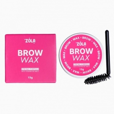 Produto de cera para sobrancelhas Zola em embalagem rosa com escova e aplicador