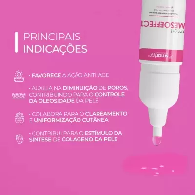 Tubo branco com faixa rosa caindo gotas e texto em fundo rosa detalhando indicações do produto cosmético