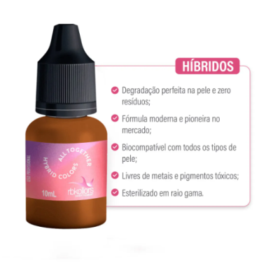 Frasco de tinta híbrida para pele com rótulo rosa e lilás e texto descritivo ao lado