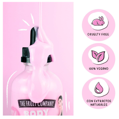 Frasco de vidro com creme rosa e rótulos de certificação ao lado