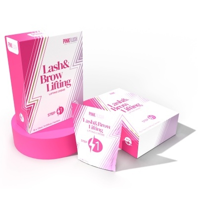 Embalagens de produto Lash & Brow Lifting com design branco e rosa sobre fundo branco