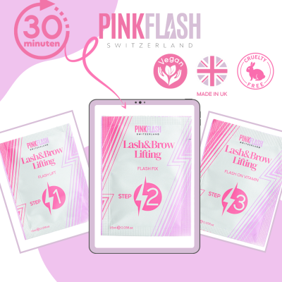 Pacotes Pink Flash Switzerland Lash & Brow Lifting passo 1, 2 e 3 em fundo lilás