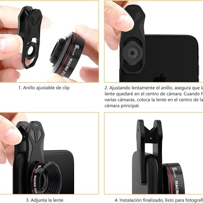 Lente macro preta com anel ajustável a ser instalada num telemóvel preto em quatro passos com instruções em espanhol.