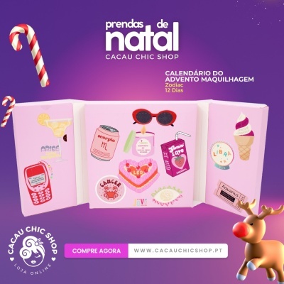 Calendário do advento maquilhagem Zodiac com ilustrações coloridas e fundo roxo