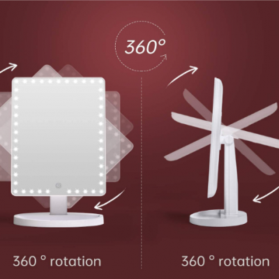 Espelho de maquilhagem LED branco com rotação 360 graus em fundo vermelho