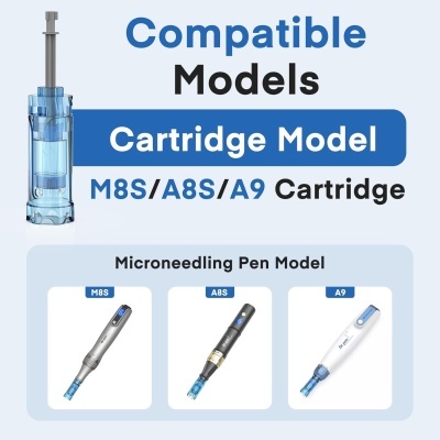 Cartucho azul transparente e modelos de canetas de microneedling compatíveis