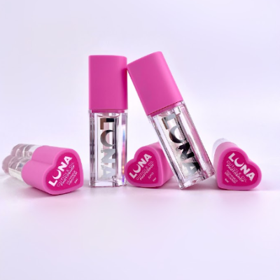 Batons transparentes com tampa rosa e texto LUNA COLLECTION Vegano e Cruelty Free