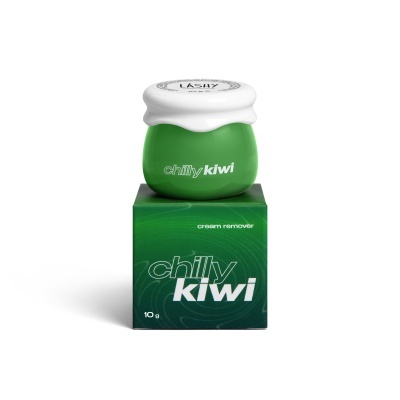 Frasco verde com tampa branca e embalagem com texto chilly kiwi