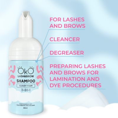 Frasco de champô ÖKÖ Lash&Brow Cloudy Foam com rótulo azul claro e rosa