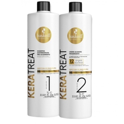 Frascos brancos de shampoo e creme de tratamento capilar KERATREAT da Haskell