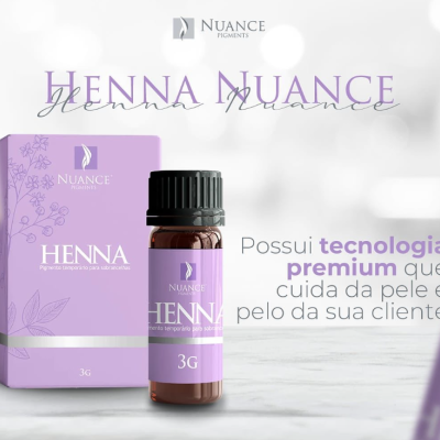 Frasco e embalagem lilás de henna Nuance para sobrancelhas