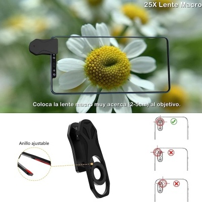 Lente macro 25X preta com anel ajustável para telemóvel, com flor em foco na lente e instruções em espanhol