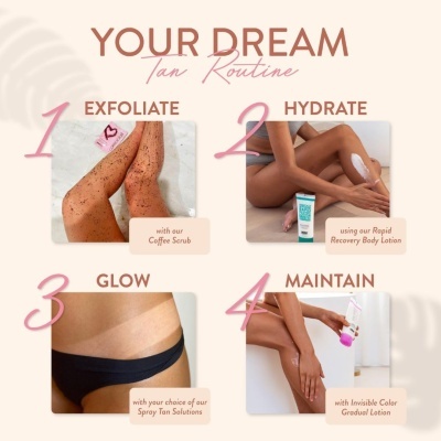 Rotina de cuidados com bronzeado em quatro passos com produtos e aplicação nas pernas e abdómen