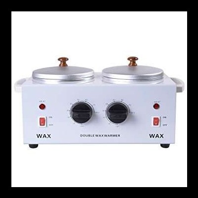 Aparelho aquecedor de cera dupla branco com botões e tampas metálicas.