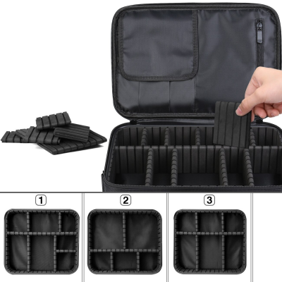 Mala preta com divisórias ajustáveis para armazenamento
