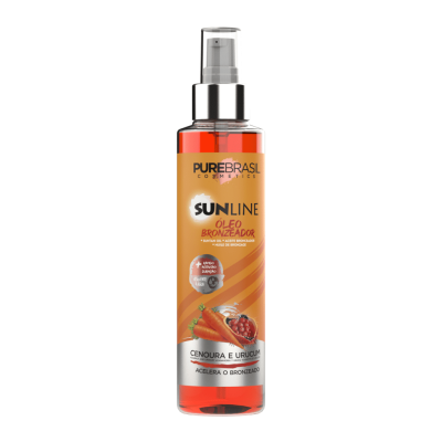 Frasco de óleo bronzeador SUNLINE com rótulo laranja, cenouras e urucum