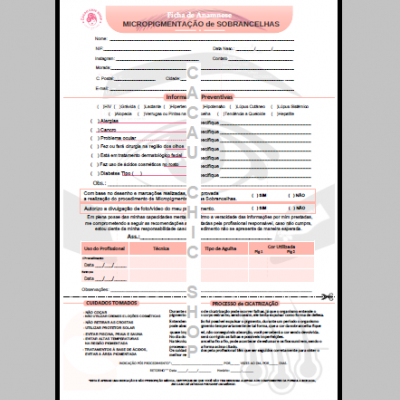 Ficha de anamnese para micropigmentação de sobrancelhas com informações e campos para preenchimento