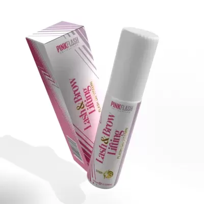 Frasco branco com embalagem do produto Lash & Brow Lifting da PINK FLASH