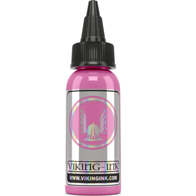 Frasco de tinta para tatuagens rosa da Viking Ink com tampa preta e rótulo branco