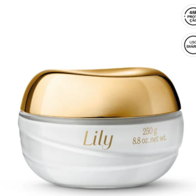 Frasco de creme Lily com tampa dourada e corpo branco, texto em dourado