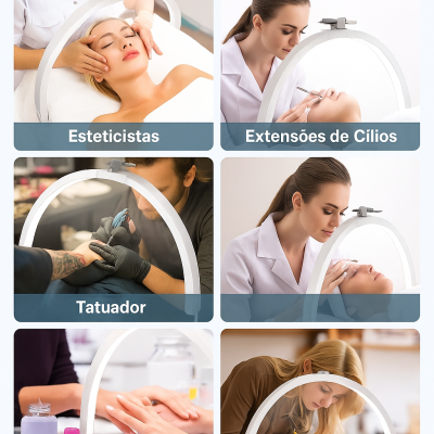 Anel de luz branco usado para diferentes atividades profissionais como estética, tatuagem, unhas e artesanato.
