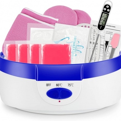 Banho-maria com acessórios para depilação incluindo luvas, termómetro digital e espátula rosa