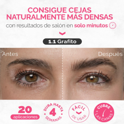 Antes e depois das sobrancelhas com texto em espanhol e informação sobre uso e duração do produto 1.1 Grafito