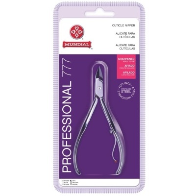 Alicate para cutículas Mundial em embalagem plástica com cartão roxo e branco