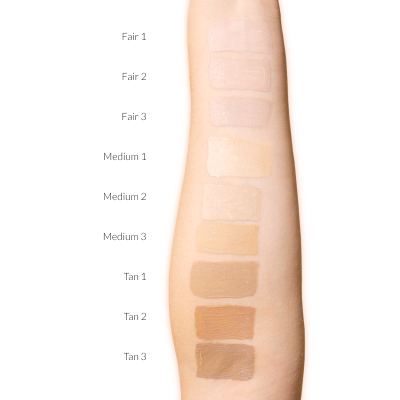Braço com amostras de base de maquilhagem em nove tons diferentes etiquetados.