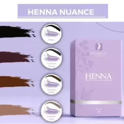 Produto henna NUANCE com embalagem lilás e quatro amostras de cor de henna mostradas à esquerda